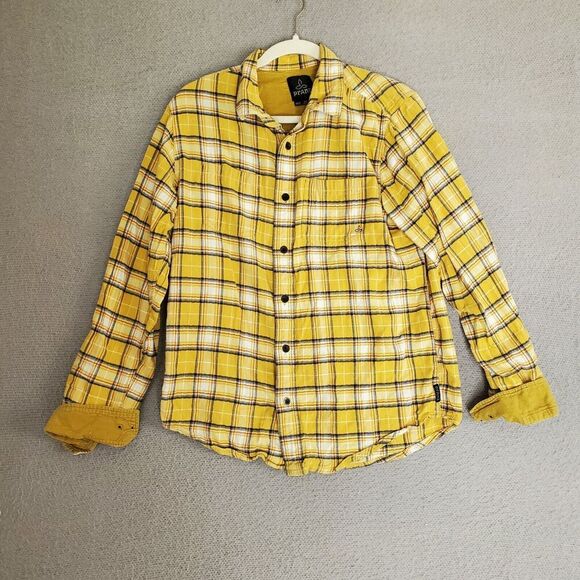 PrAna Men's Yellow Plaid Long Sleeve Button Down Flannel Shirt Medium M - Picture 1 of 6